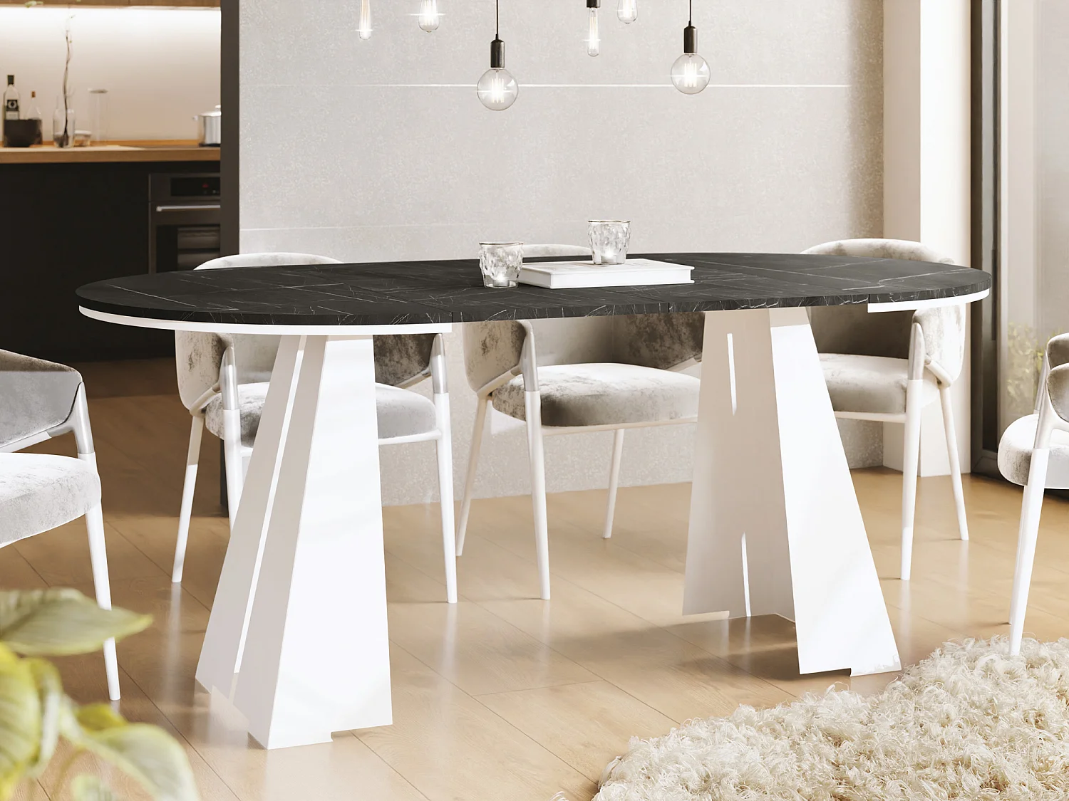 Runder Ausziehbarer Esstisch mit Weißem Metallgestell - Moderner Industrieller Tisch für Esszimmer oder Küche - 120 cm bis 200 cm - Made in EU - Marmor Schwarz