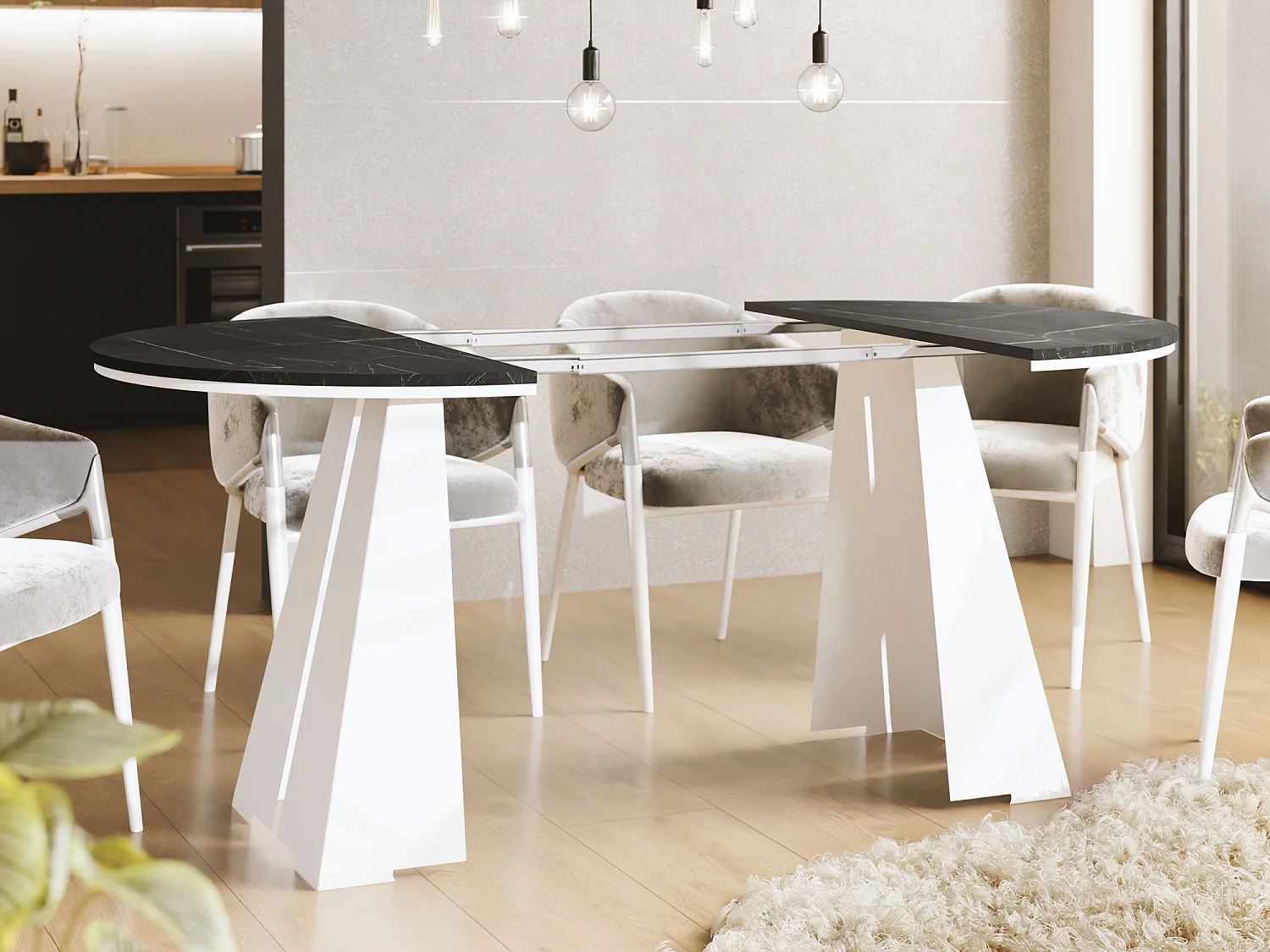 Runder Ausziehbarer Esstisch mit Weißem Metallgestell - Moderner Industrieller Tisch für Esszimmer oder Küche - 120 cm bis 200 cm - Made in EU - Marmor Schwarz