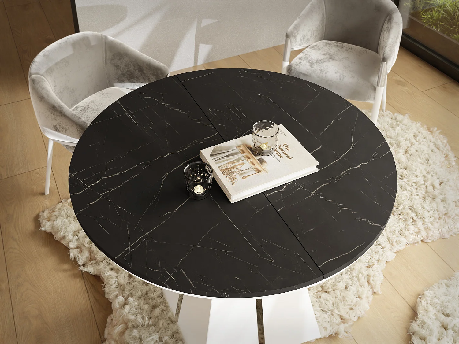 Table à Manger Ronde Extensible avec Piètement Métallique Blanc - Table Industrielle Moderne - 120 cm à 200 cm - Fabriqué en UE - Marbre Noir