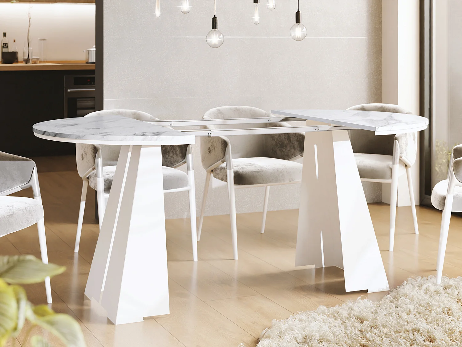 Runder Ausziehbarer Esstisch mit Weißem Metallgestell - Moderner Industrieller Tisch für Esszimmer oder Küche - 120 cm bis 200 cm - Made in EU - Marmor Weiß