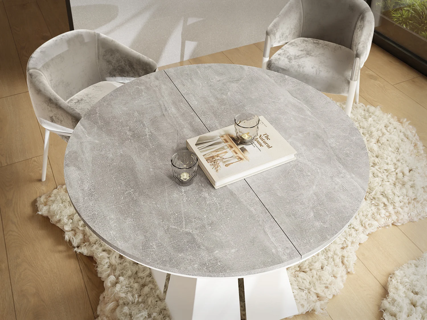 Table à Manger Ronde Extensible avec Piètement Métallique Blanc - Table Industrielle Moderne pour Salle à Manger - 100 cm à 180 cm - Fabriqué en UE - Béton Gris