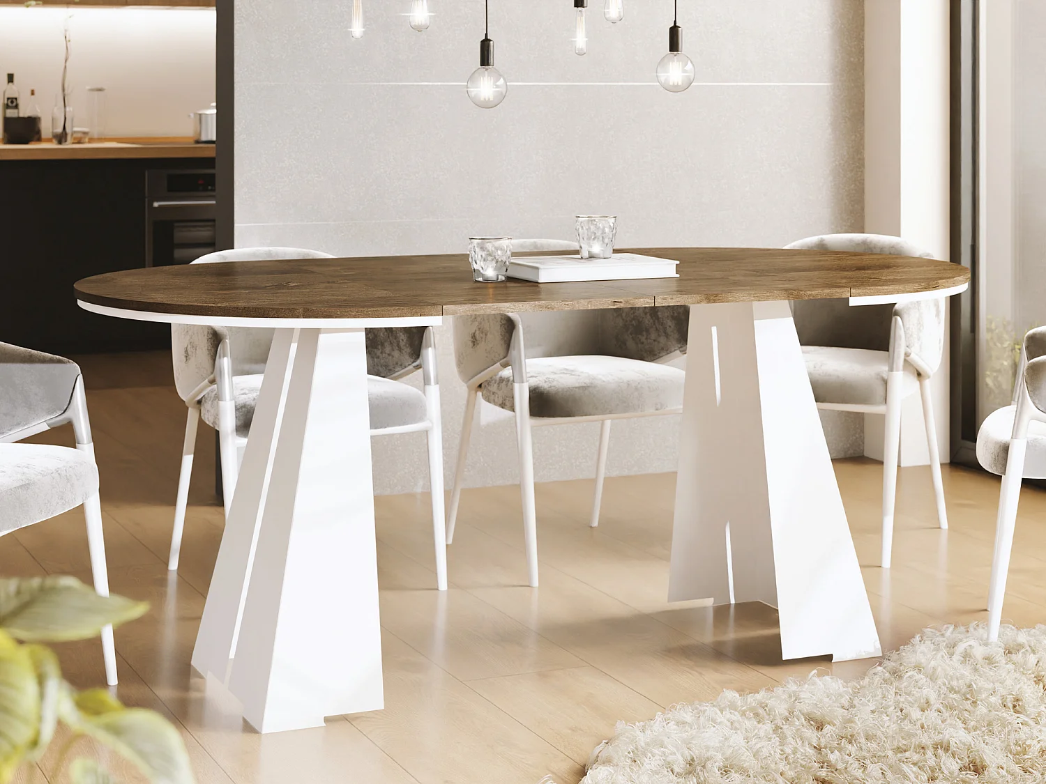 Runder ausziehbarer Esstisch mit weißem Metallgestell - moderner industrieller Tisch für Esszimmer oder Küche - 120 cm bis 200 cm - Made in EU - Lefkas Eiche