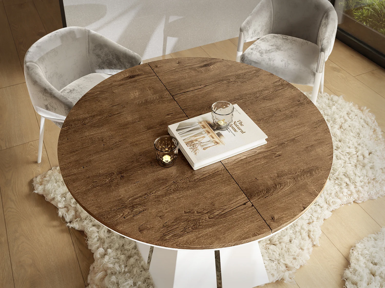 Runder ausziehbarer Esstisch mit weißem Metallgestell - moderner industrieller Tisch für Esszimmer oder Küche - 120 cm bis 200 cm - Made in EU - Lefkas Eiche