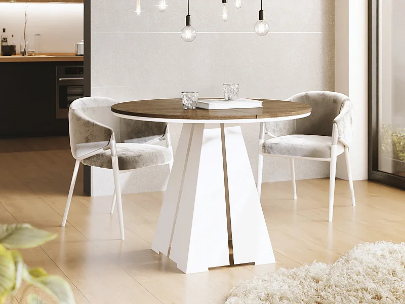 Runder ausziehbarer Esstisch mit weißem Metallgestell - moderner industrieller Tisch für Esszimmer oder Küche - 120 cm bis 200 cm - Made in EU - Lefkas Eiche