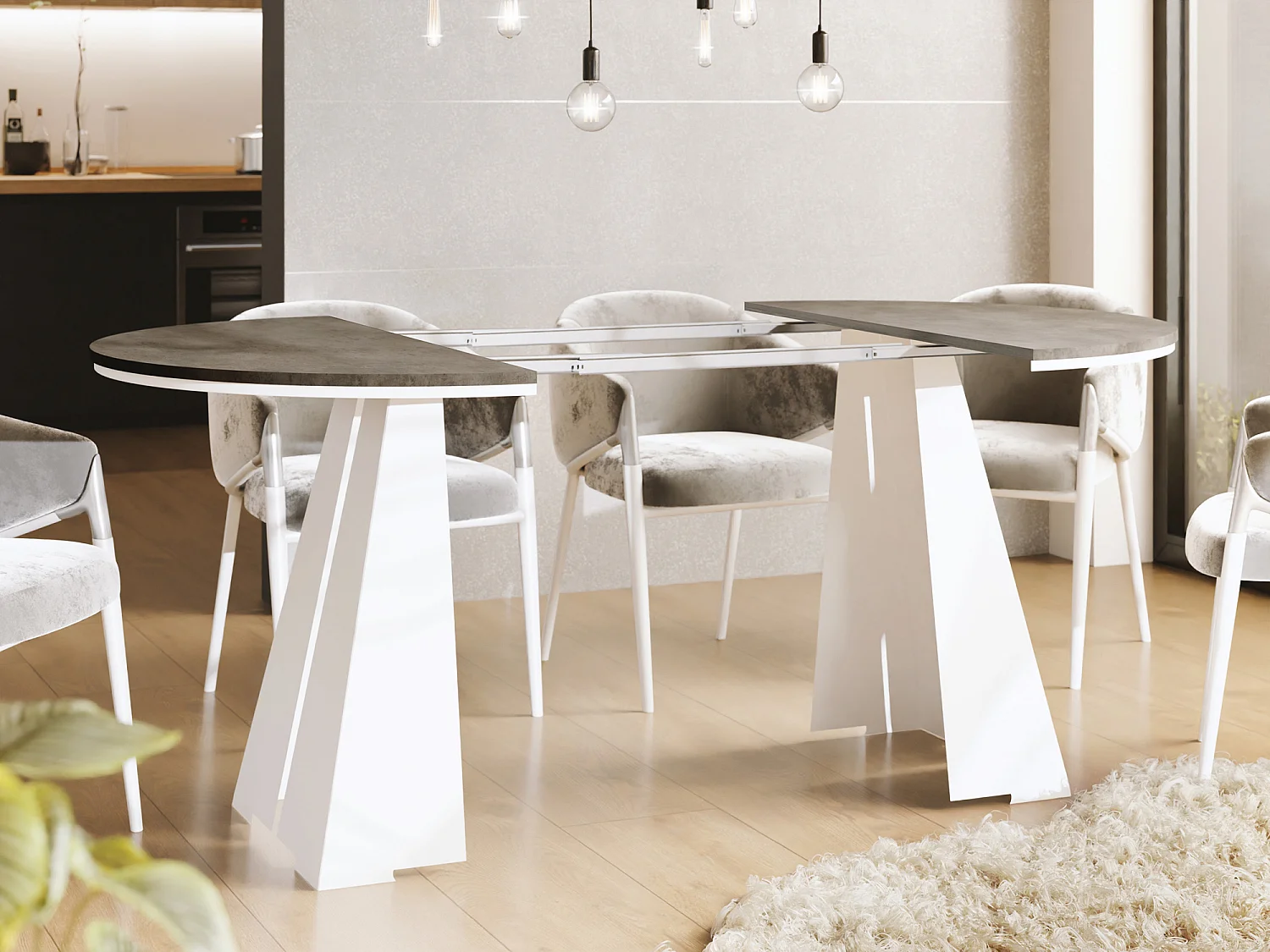 Runder ausziehbarer Esstisch mit weißem Metallgestell - moderner industrieller Tisch für Esszimmer oder Küche - 100 cm bis 180 cm - Made in EU - Chicago Beton