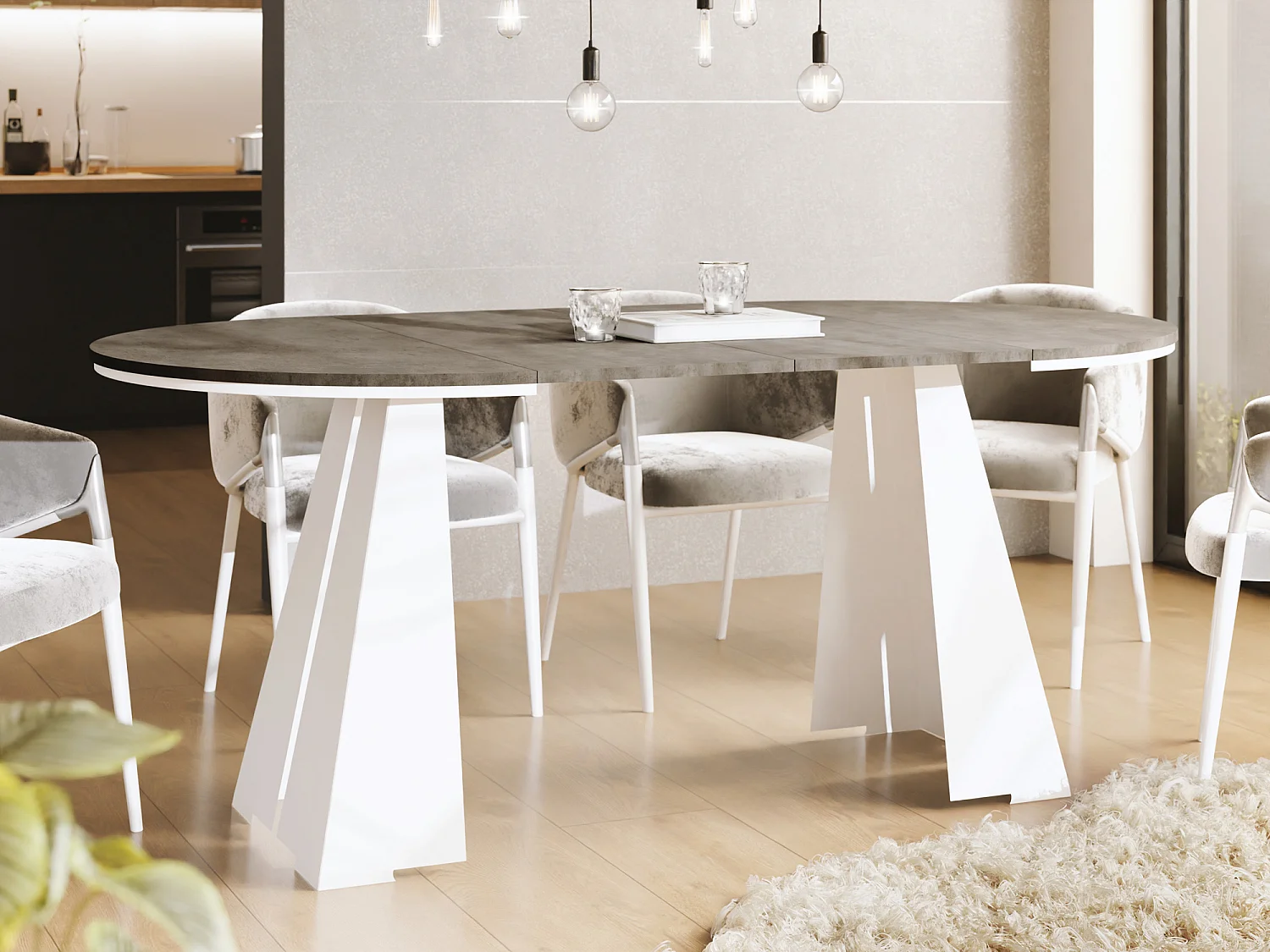 Table à Manger Ronde Extensible avec Piètement Métallique Blanc - Table Industrielle Moderne - 100 cm à 180 cm - Fabriqué en UE - Grey Chicago Concrete