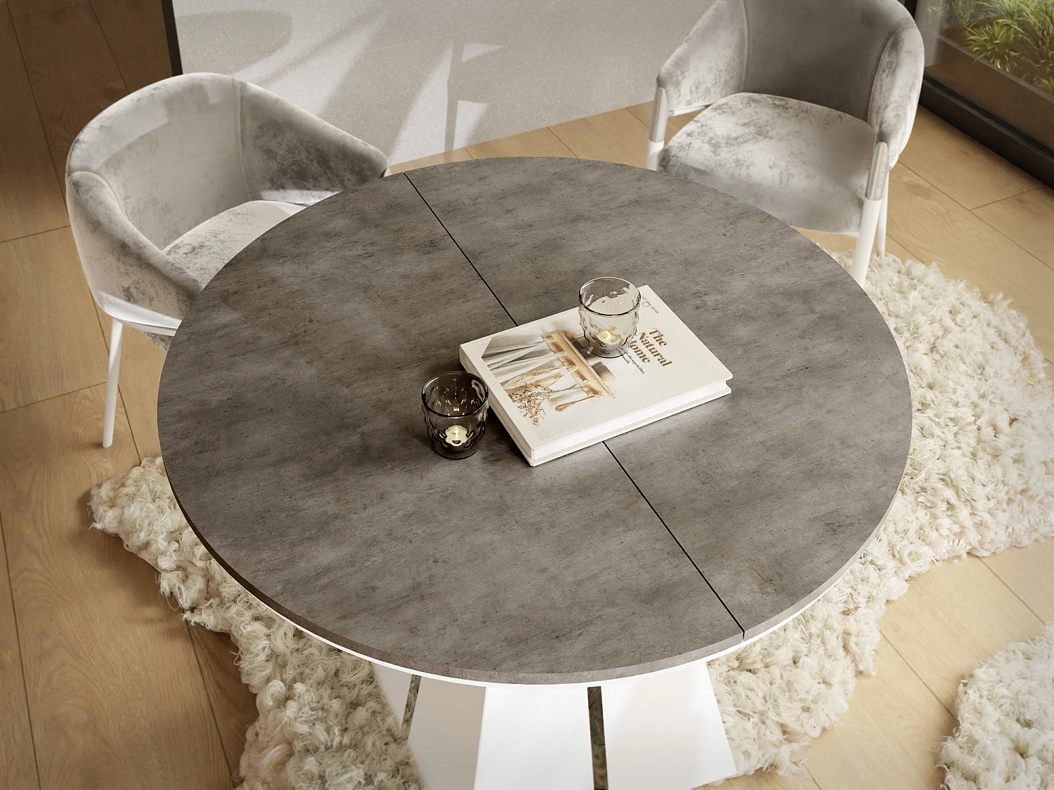 Table à Manger Ronde Extensible avec Piètement Métallique Blanc - Table Industrielle Moderne - 100 cm à 180 cm - Fabriqué en UE - Grey Chicago Concrete