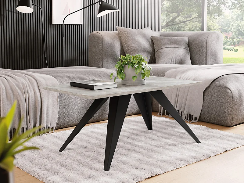 Table Basse Vance 120 x 60 cm - Table de Salon Rectangulaire, Style Industriel - Piètement Métal Noir, Meuble de Salon Moderne - Béton Gris