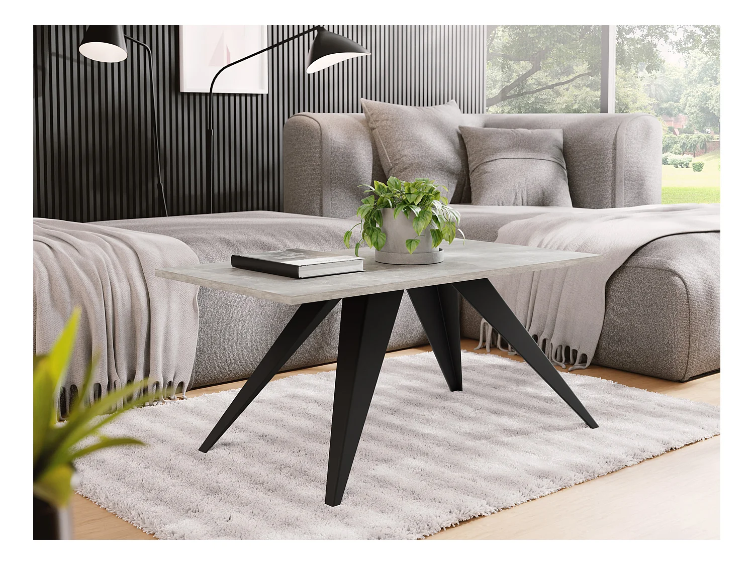Couchtisch Vance 120 x 60 cm - Beistelltisch Rechteckig, Wohnzimmertisch Industrial - Sofatisch mit Metallgestell Schwarz - Kaffeetisch Modern - Grauer Beton