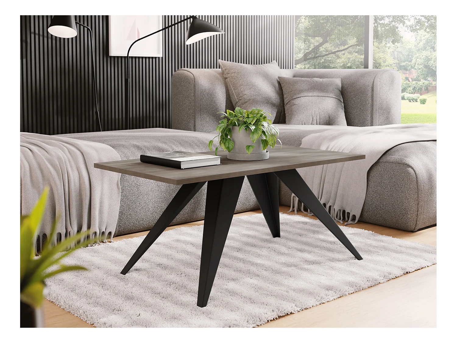 Couchtisch Vance 120x60 cm, Beistelltisch Rechteckig, Wohnzimmertisch Industrial, Sofatisch Metallgestell Schwarz, Kaffeetisch Modern - Dunkelgrauer Chicago Beton