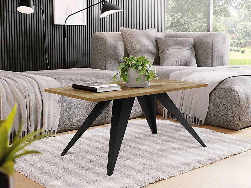 Couchtisch Vance 120 x 60 cm - Beistelltisch Rechteckig, Wohnzimmertisch Industrial - Sofatisch mit Metallgestell Schwarz - Kaffeetisch Modern - Lancelot Eiche
