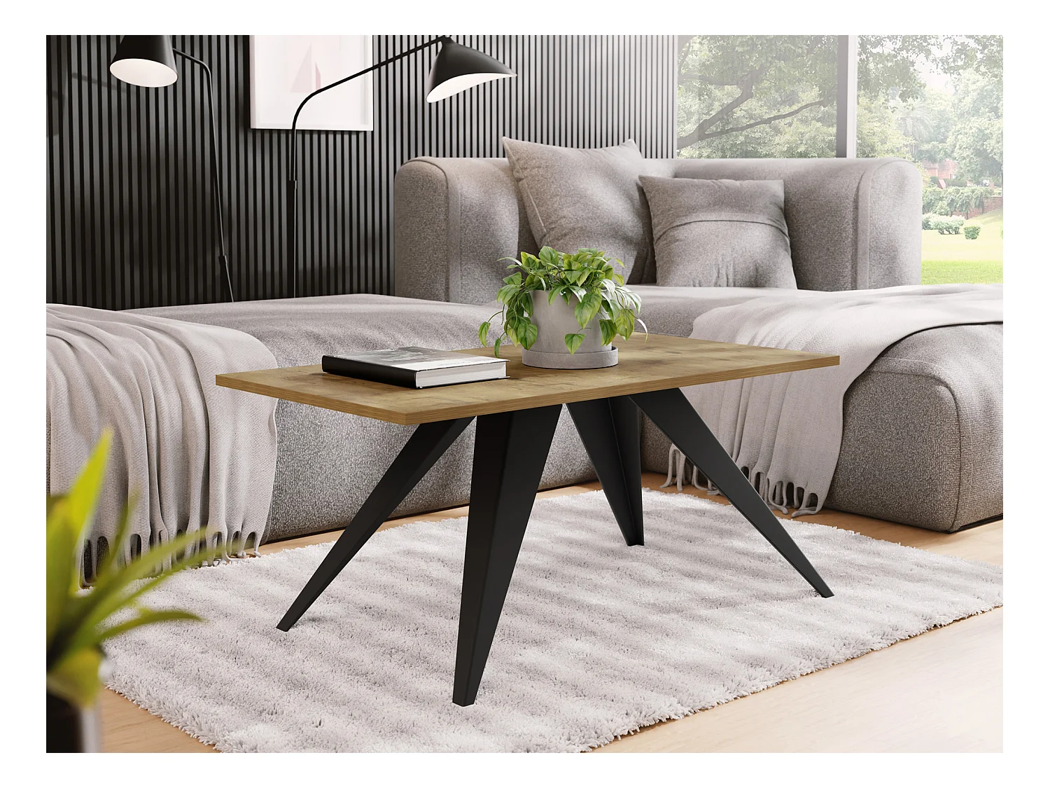 Couchtisch Vance 120 x 60 cm - Beistelltisch Rechteckig, Wohnzimmertisch Industrial - Sofatisch mit Metallgestell Schwarz - Kaffeetisch Modern - Lancelot Eiche