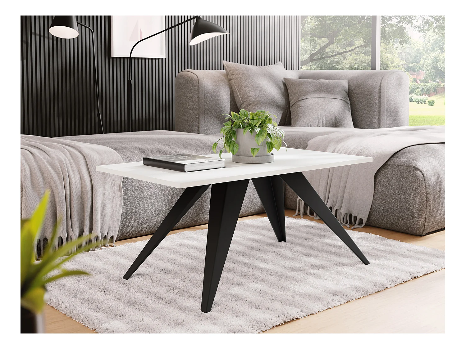 Couchtisch Vance 120 x 60 cm - Beistelltisch Rechteckig, Wohnzimmertisch Industrial - Sofatisch mit Metallgestell Schwarz - Kaffeetisch Modern - Weiß
