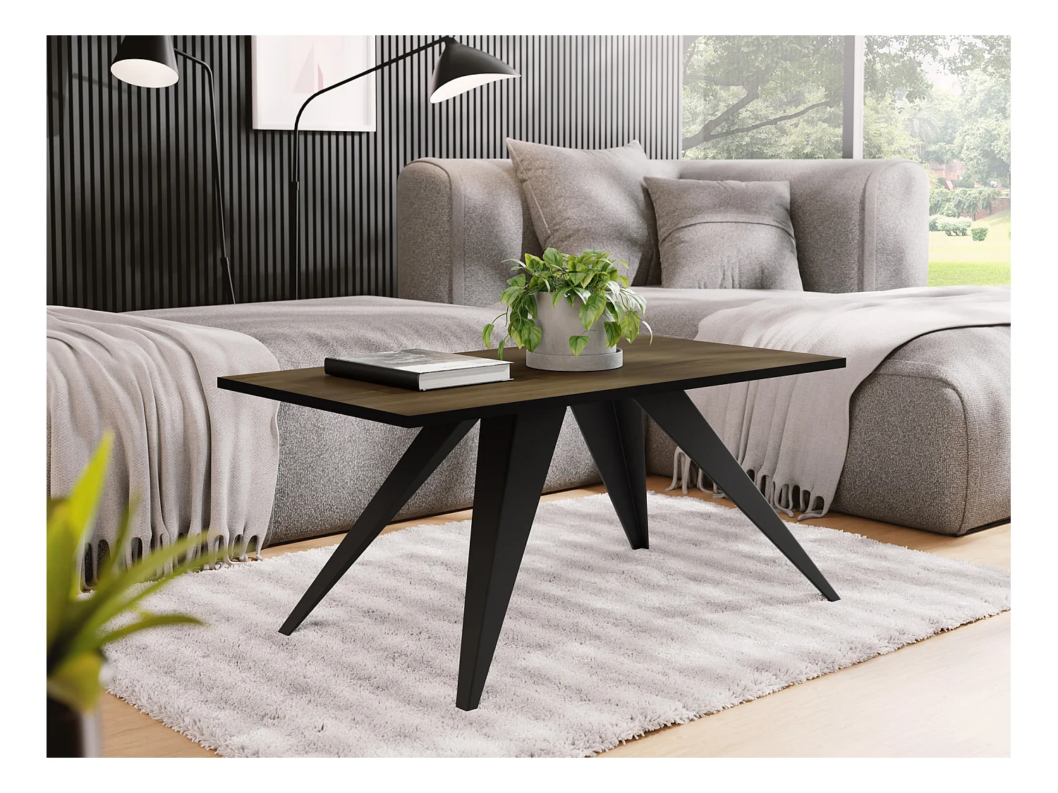 Couchtisch Vance 120 x 60 cm - Beistelltisch Rechteckig, Wohnzimmertisch Industrial - Sofatisch mit Metallgestell Schwarz - Kaffeetisch Modern - Lefkas Eiche