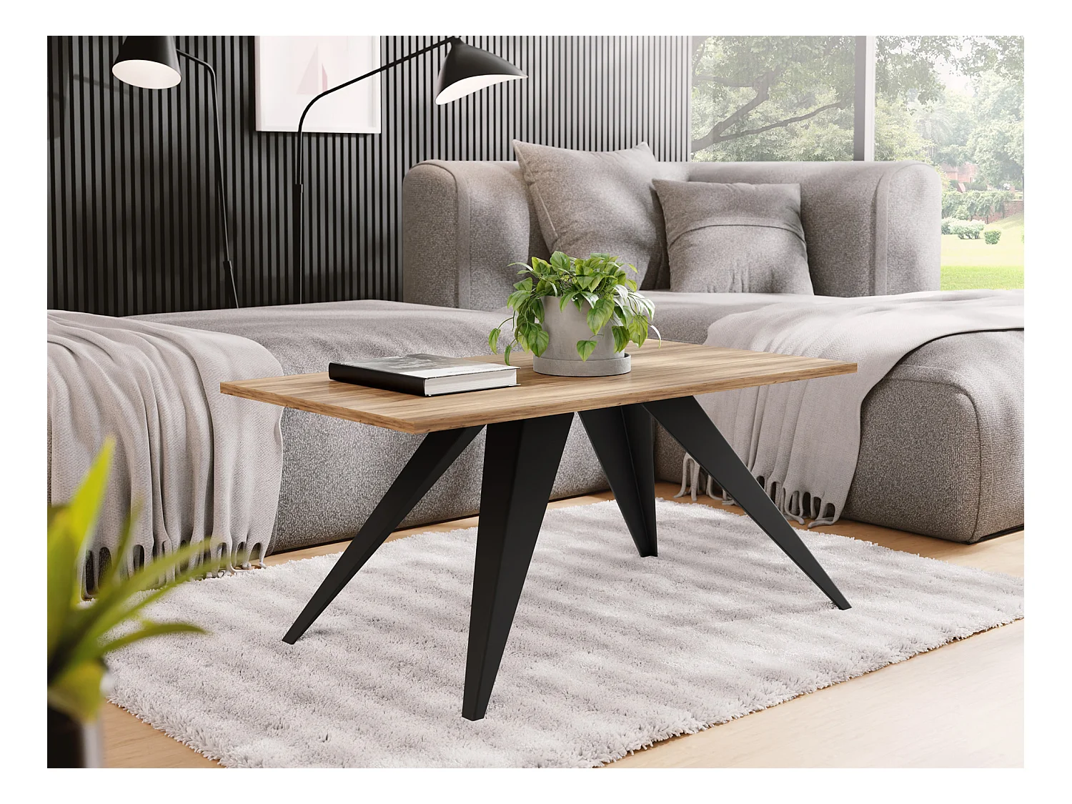 Couchtisch Vance 120 x 60 cm - Beistelltisch Rechteckig, Wohnzimmertisch Industrial - Sofatisch mit Metallgestell Schwarz - Kaffeetisch Modern - Craft Eiche