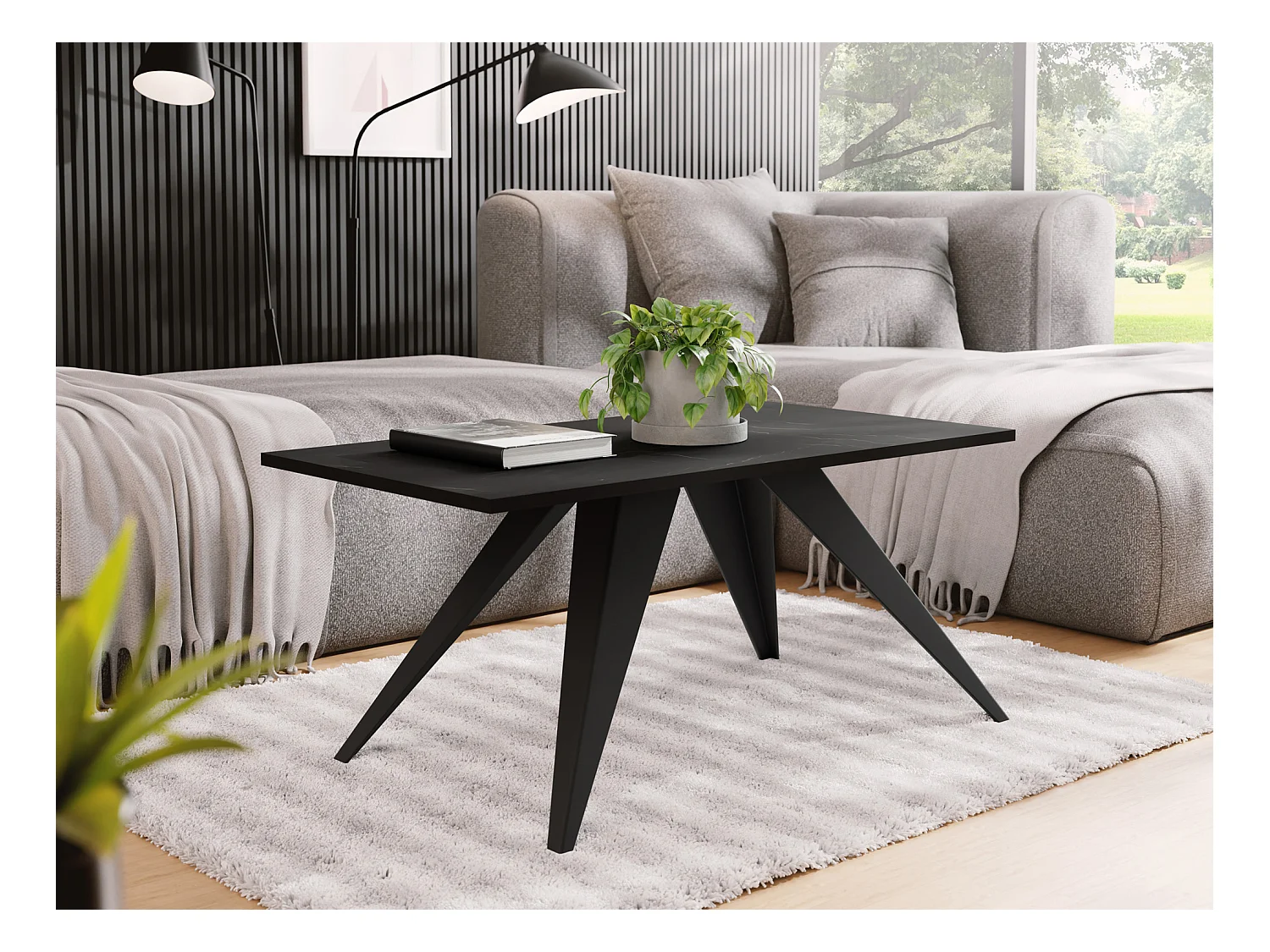 Couchtisch Vance 120 x 60 cm - Beistelltisch Rechteckig, Wohnzimmertisch Industrial - Sofatisch mit Metallgestell Schwarz - Kaffeetisch Modern - Marmor Schwarz