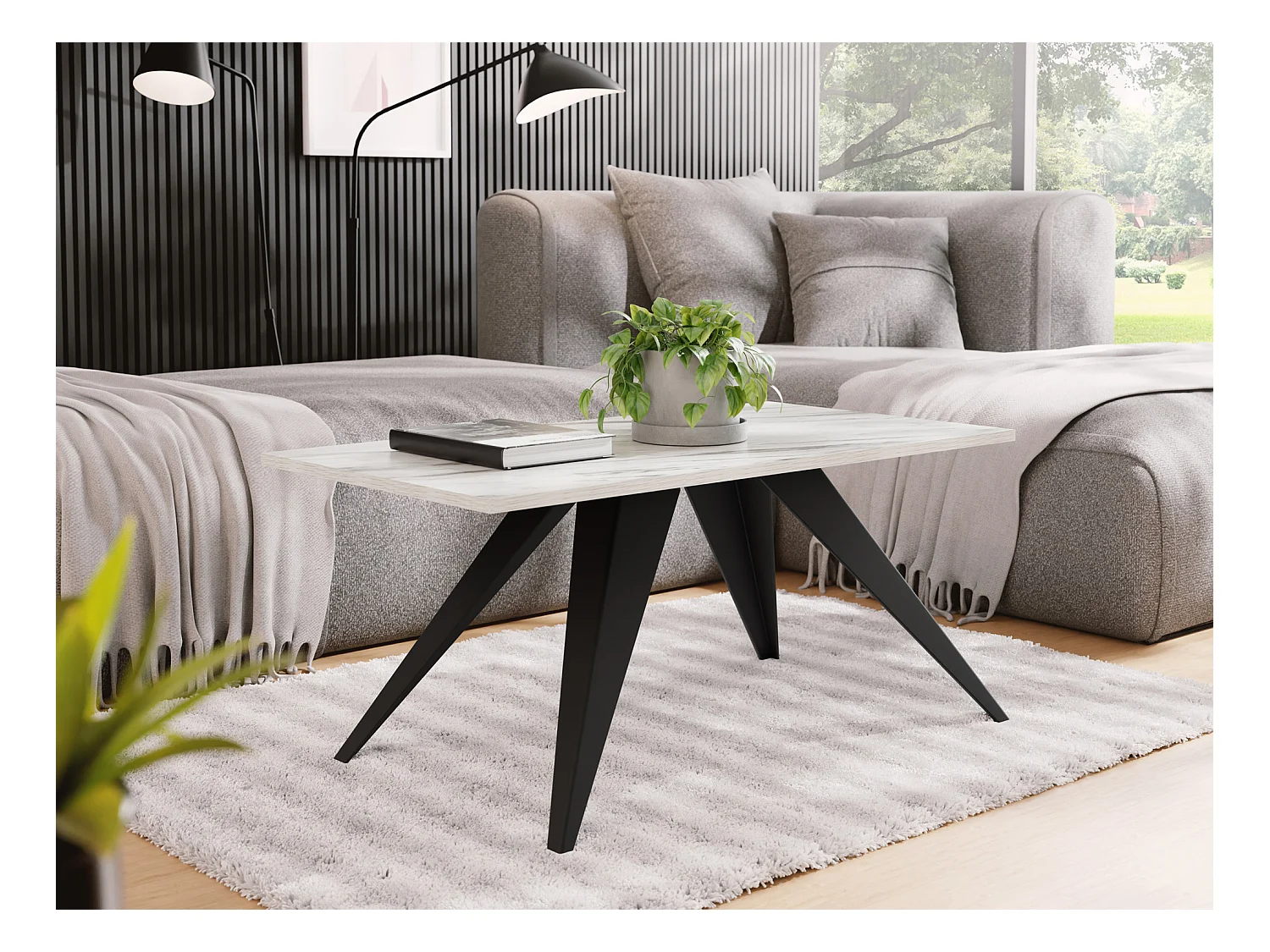 Couchtisch Vance 120 x 60 cm - Beistelltisch Rechteckig, Wohnzimmertisch Industrial - Sofatisch mit Metallgestell Schwarz - Kaffeetisch Modern - Marmor Weiß