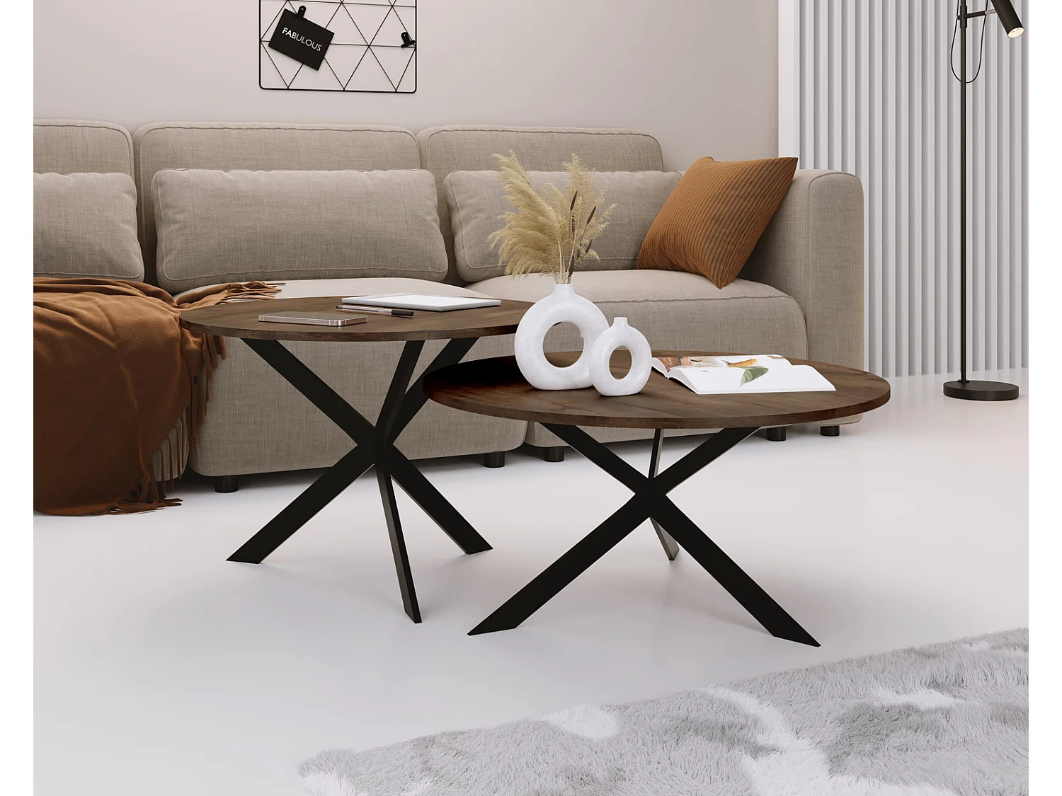 Set de 2 Tables Basses Rondes Lev Ø75/58 cm - Tables Gigognes Style Industriel - Piètement Métal Noir, Tables de Salon - Chêne Lefkas