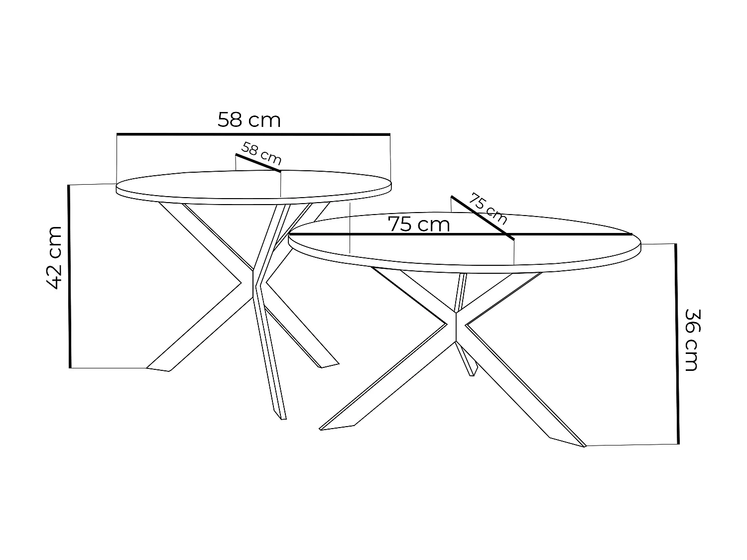 Set de 2 Tables Basses Rondes Lev Ø75/58 cm - Tables Gigognes Style Industriel - Piètement Métal Noir, Tables de Salon - Chêne Lefkas