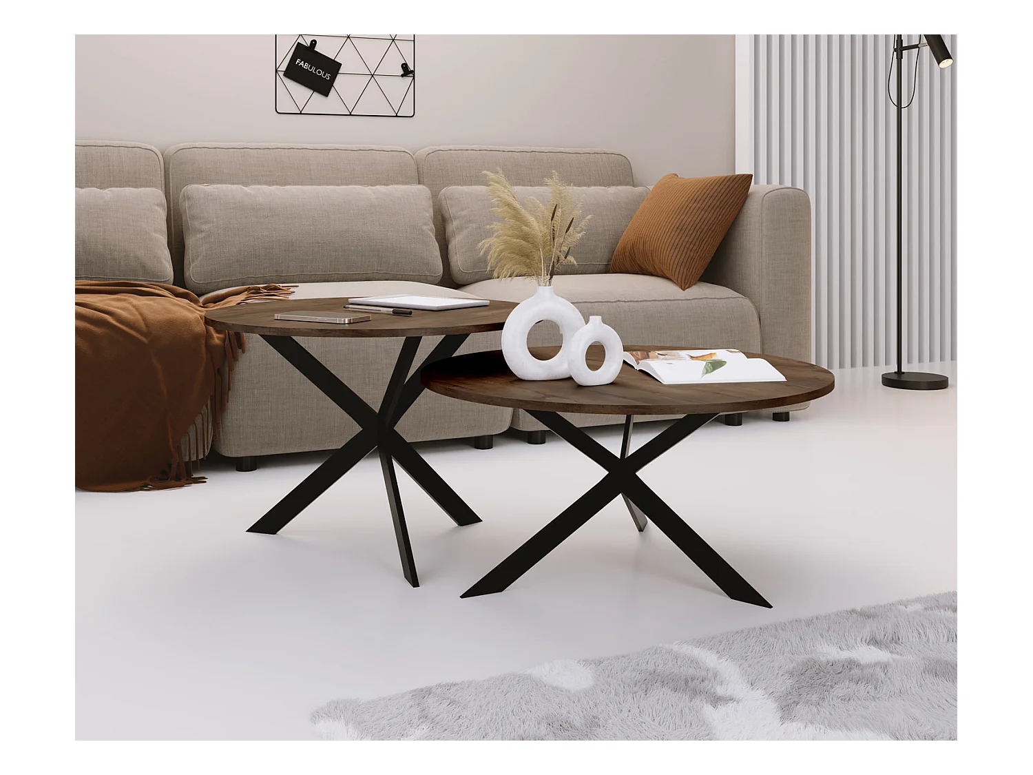 Set de 2 Tables Basses Rondes Lev Ø75/58 cm - Tables Gigognes Style Industriel - Piètement Métal Noir, Tables de Salon - Chêne Lefkas