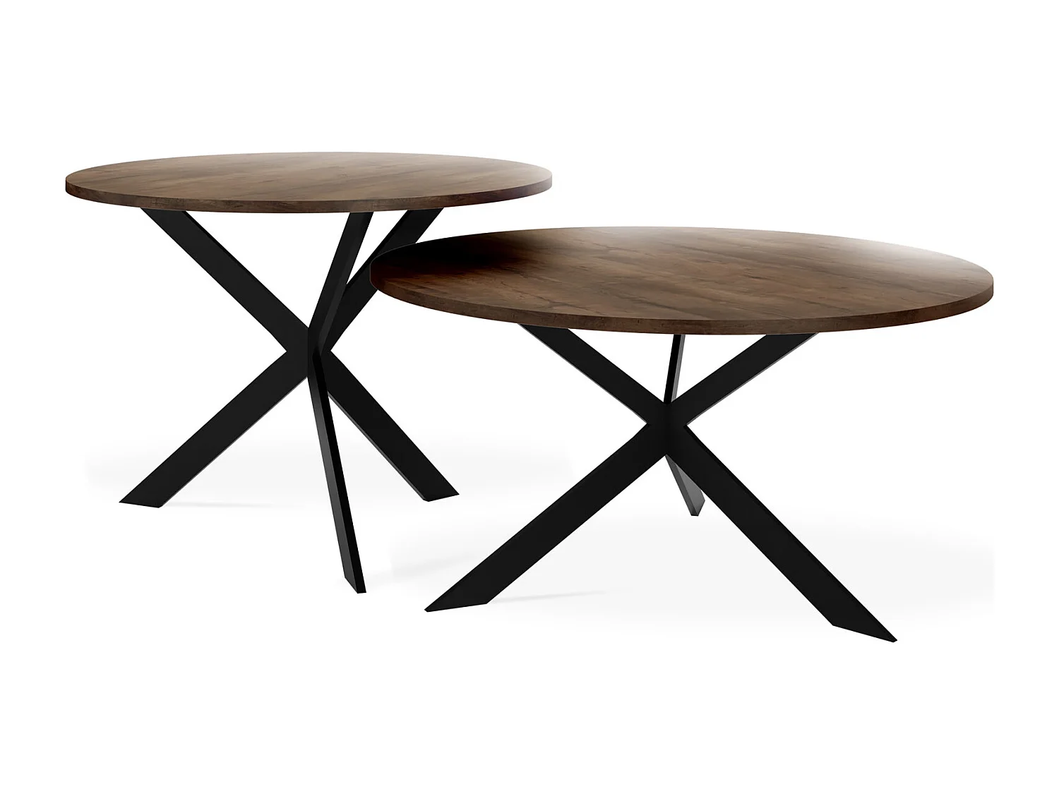 Couchtisch Set Lev - 2er Beistelltisch Rund (Ø75/58 cm) - Wohnzimmertisch Industrial, Satztisch mit Metallgestell Schwarz - Kaffeetisch Modern - Lefkas Eiche