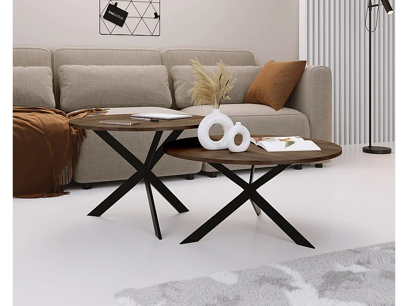 Couchtisch Set Lev - 2er Beistelltisch Rund (Ø75/58 cm) - Wohnzimmertisch Industrial, Satztisch mit Metallgestell Schwarz - Kaffeetisch Modern - Lefkas Eiche