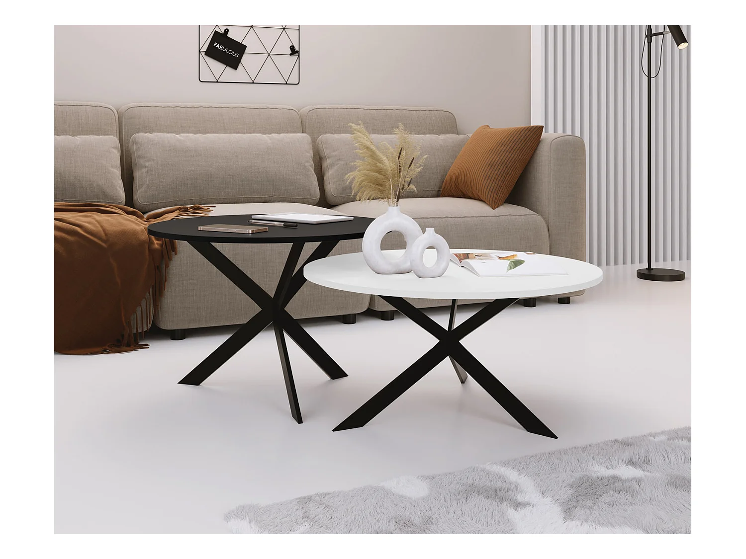 Set de 2 Tables Basses Rondes Lev Ø75/58 cm - Tables Gigognes Style Industriel - Piètement Métal Noir, Tables de Salon - Blanc et Noir