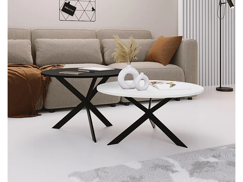 Couchtisch Set Lev - 2er Beistelltisch Rund (Ø75/58 cm) - Wohnzimmertisch Industrial, Satztisch mit Metallgestell Schwarz - Kaffeetisch Modern - Weiß und Schwarz