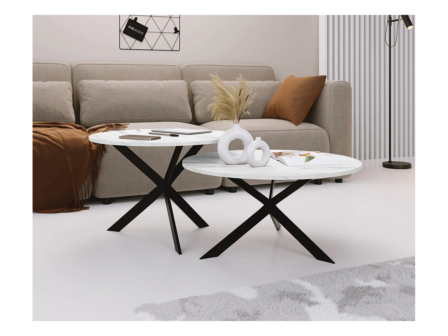 Set de 2 Tables Basses Rondes Lev Ø75/58 cm - Tables Gigognes Style Industriel - Piètement Métal Noir, Tables de Salon - Marbre Blanc