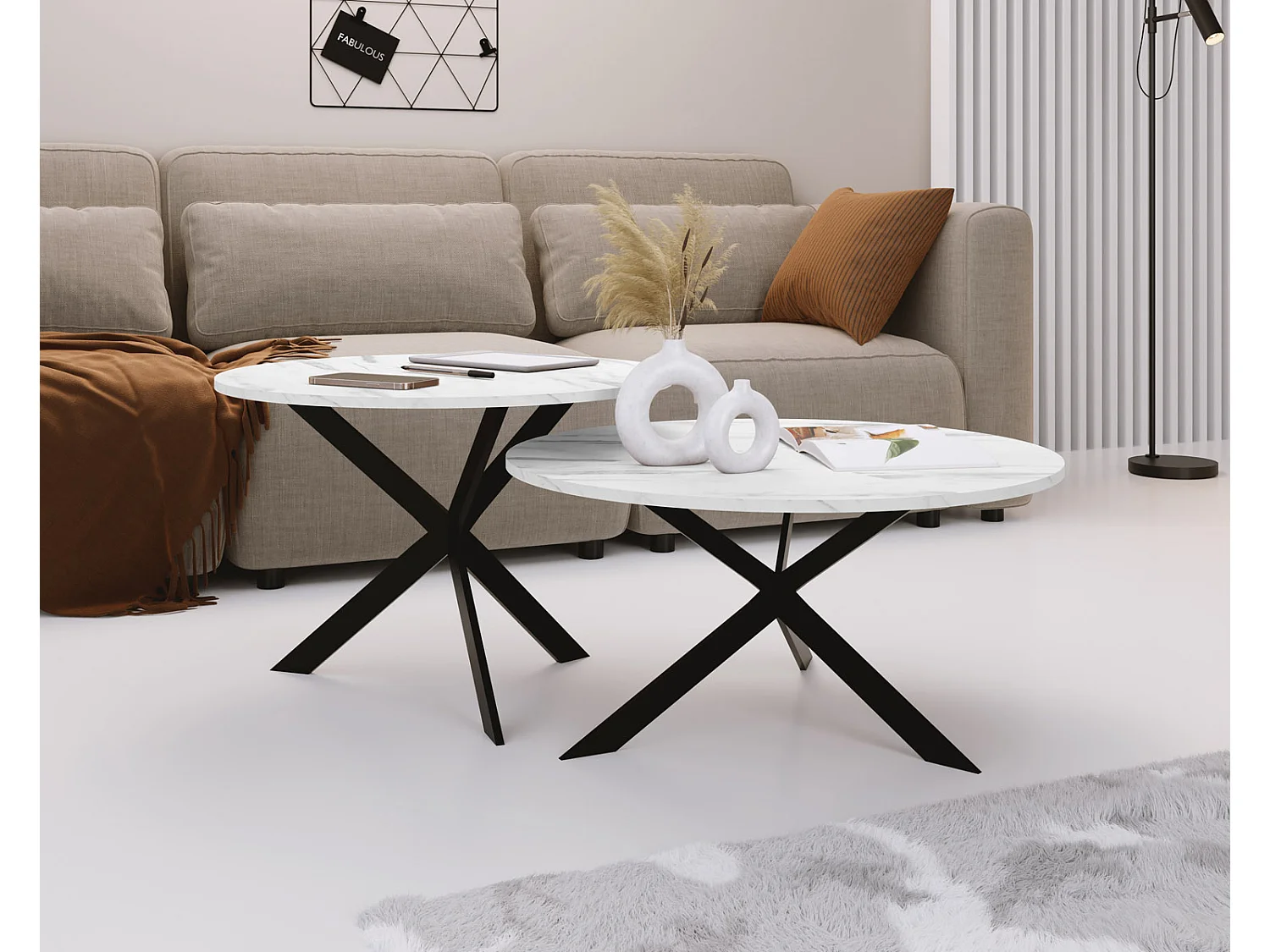 Set de 2 Tables Basses Rondes Lev Ø75/58 cm - Tables Gigognes Style Industriel - Piètement Métal Noir, Tables de Salon - Marbre Blanc