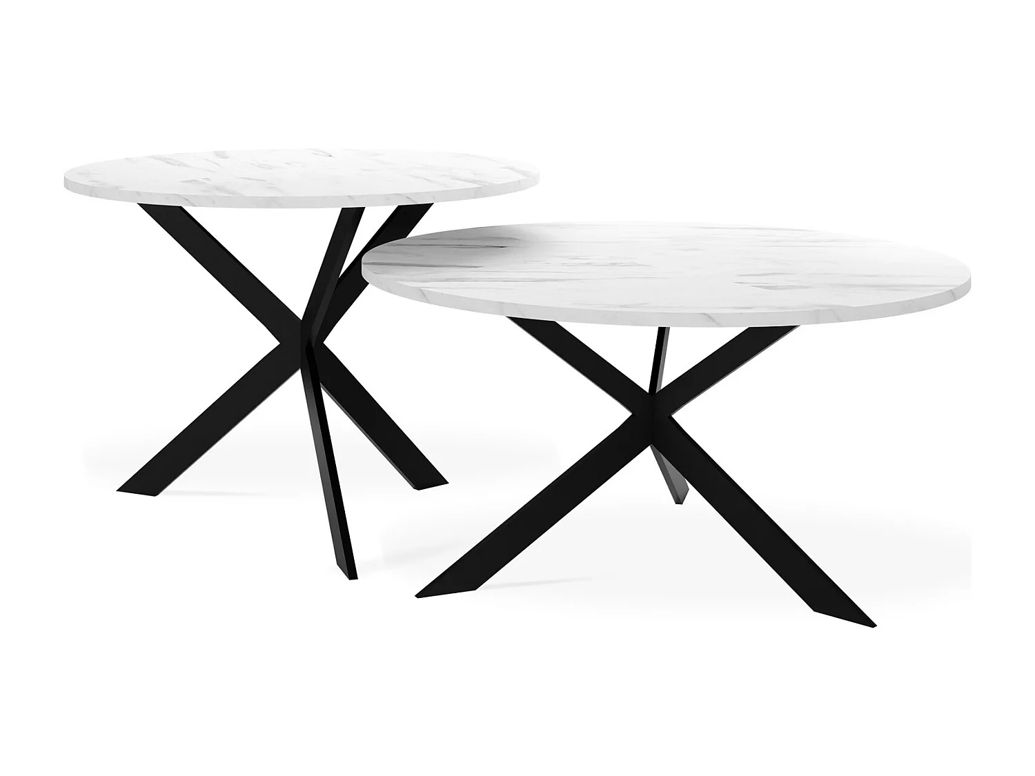 Set de 2 Tables Basses Rondes Lev Ø75/58 cm - Tables Gigognes Style Industriel - Piètement Métal Noir, Tables de Salon - Marbre Blanc