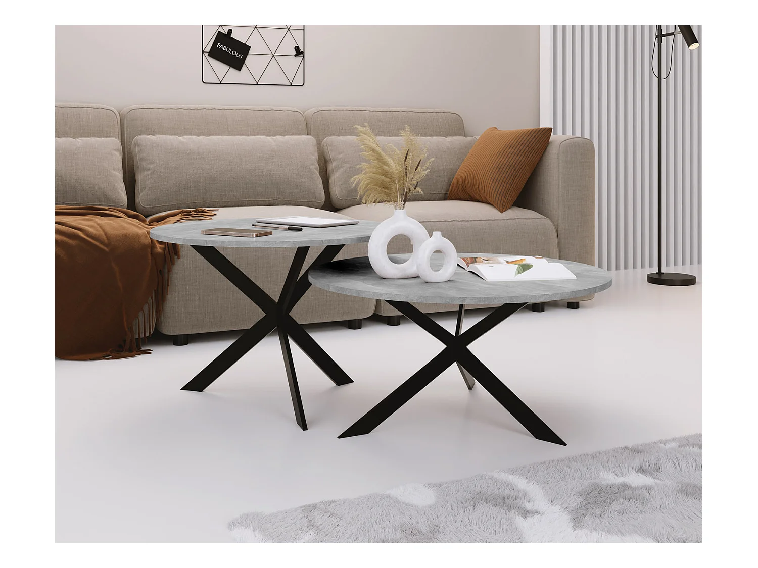Set de 2 Tables Basses Rondes Lev Ø75/58 cm - Tables Gigognes Style Industriel - Piètement Métal Noir, Tables de Salon - Béton Gris