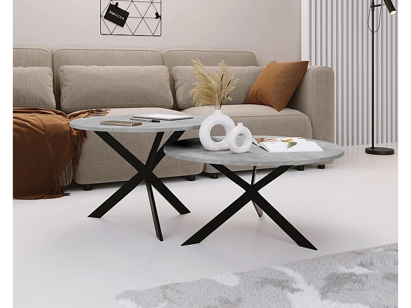 Couchtisch Set Lev - 2er Beistelltisch Rund (Ø75/58 cm) - Wohnzimmertisch Industrial, Satztisch mit Metallgestell Schwarz - Kaffeetisch Modern - Beton Grau