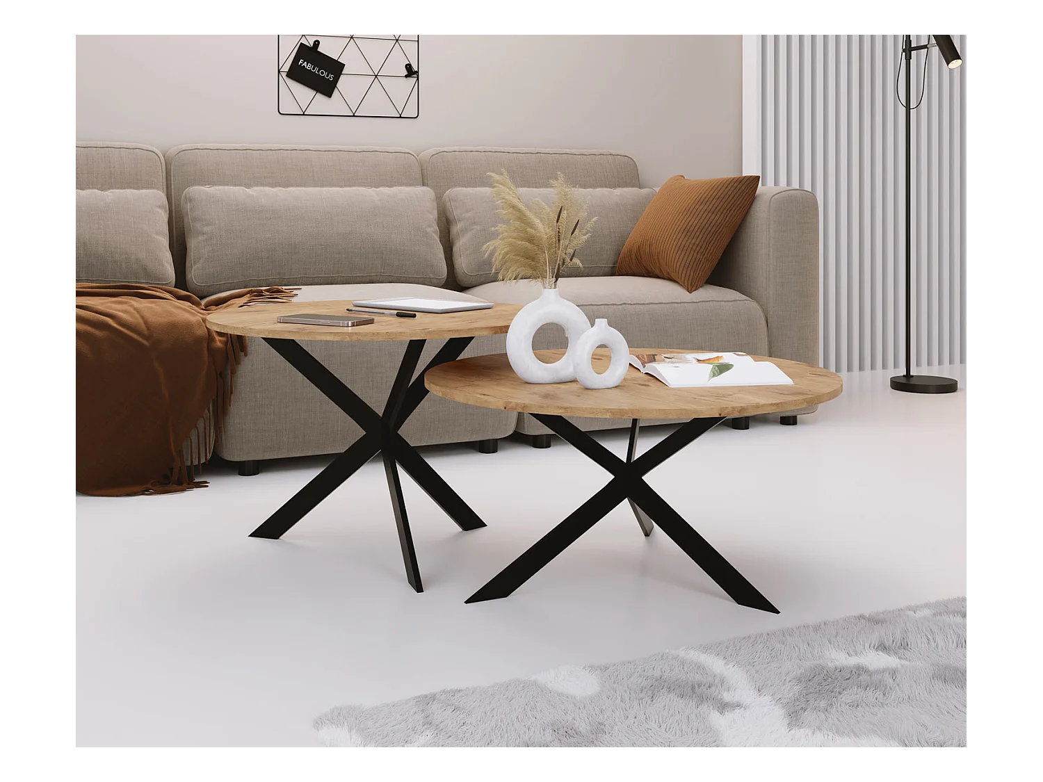 Set de 2 Tables Basses Rondes Lev Ø75/58 cm - Tables Gigognes Style Industriel - Piètement Métal Noir, Tables de Salon - Chêne Lancelot