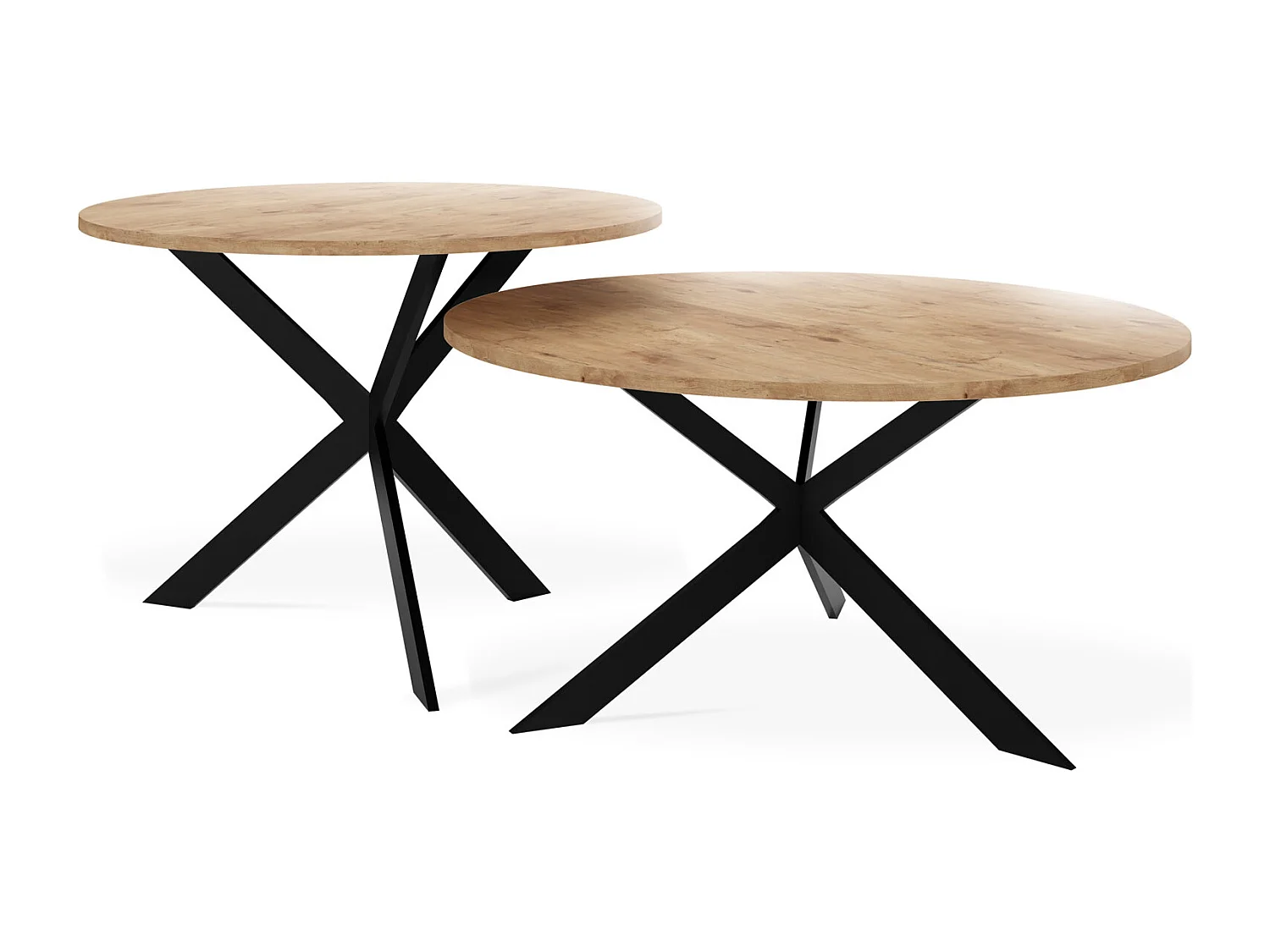 Set de 2 Tables Basses Rondes Lev Ø75/58 cm - Tables Gigognes Style Industriel - Piètement Métal Noir, Tables de Salon - Chêne Lancelot