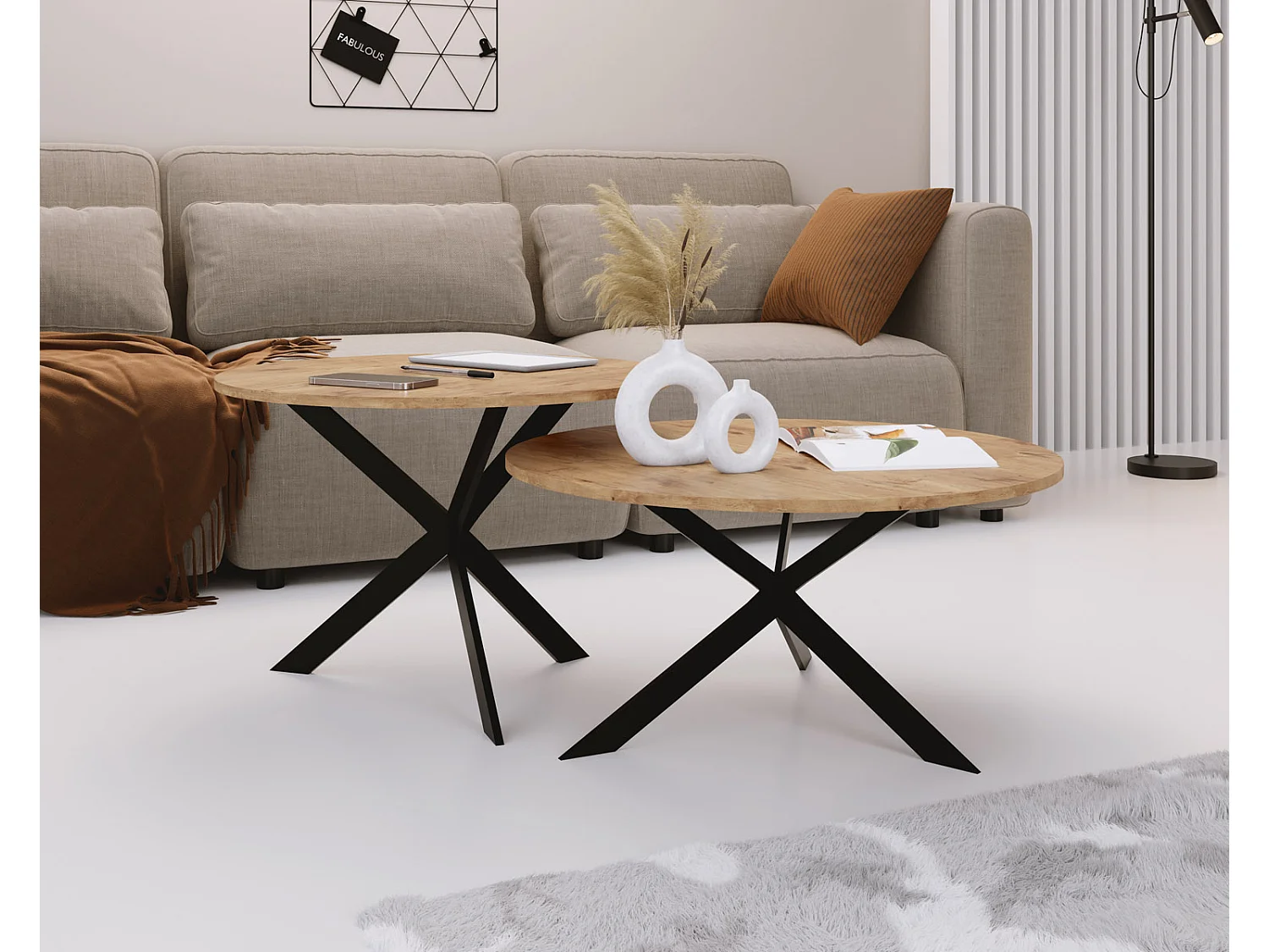 Couchtisch Set Lev - 2er Beistelltisch Rund (Ø75/58 cm) - Wohnzimmertisch Industrial, Satztisch mit Metallgestell Schwarz - Kaffeetisch Modern - Lancelot Eiche