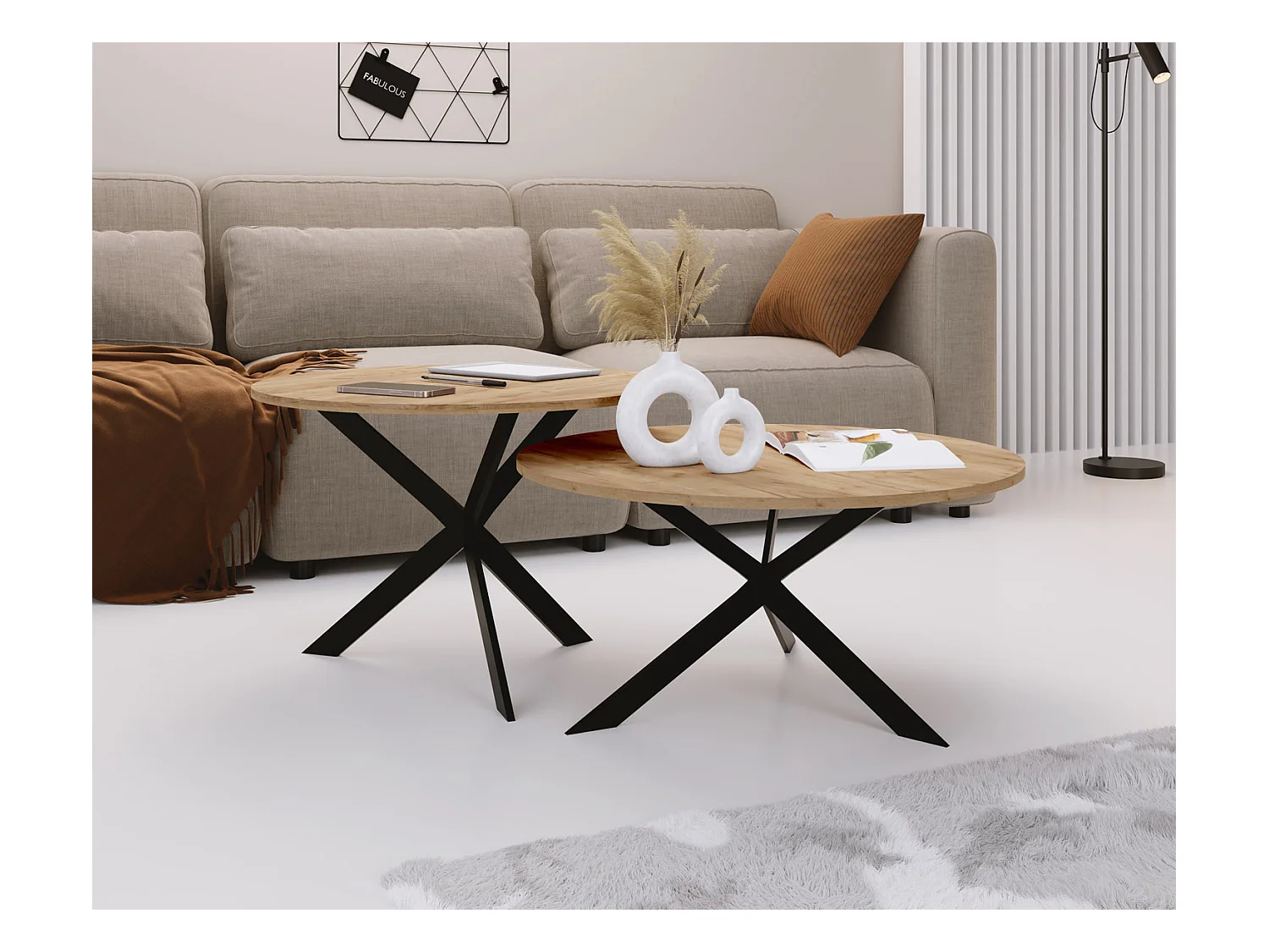 Set de 2 Tables Basses Rondes Lev Ø75/58 cm - Tables Gigognes Style Industriel - Piètement Métal Noir, Tables de Salon - Chêne Craft