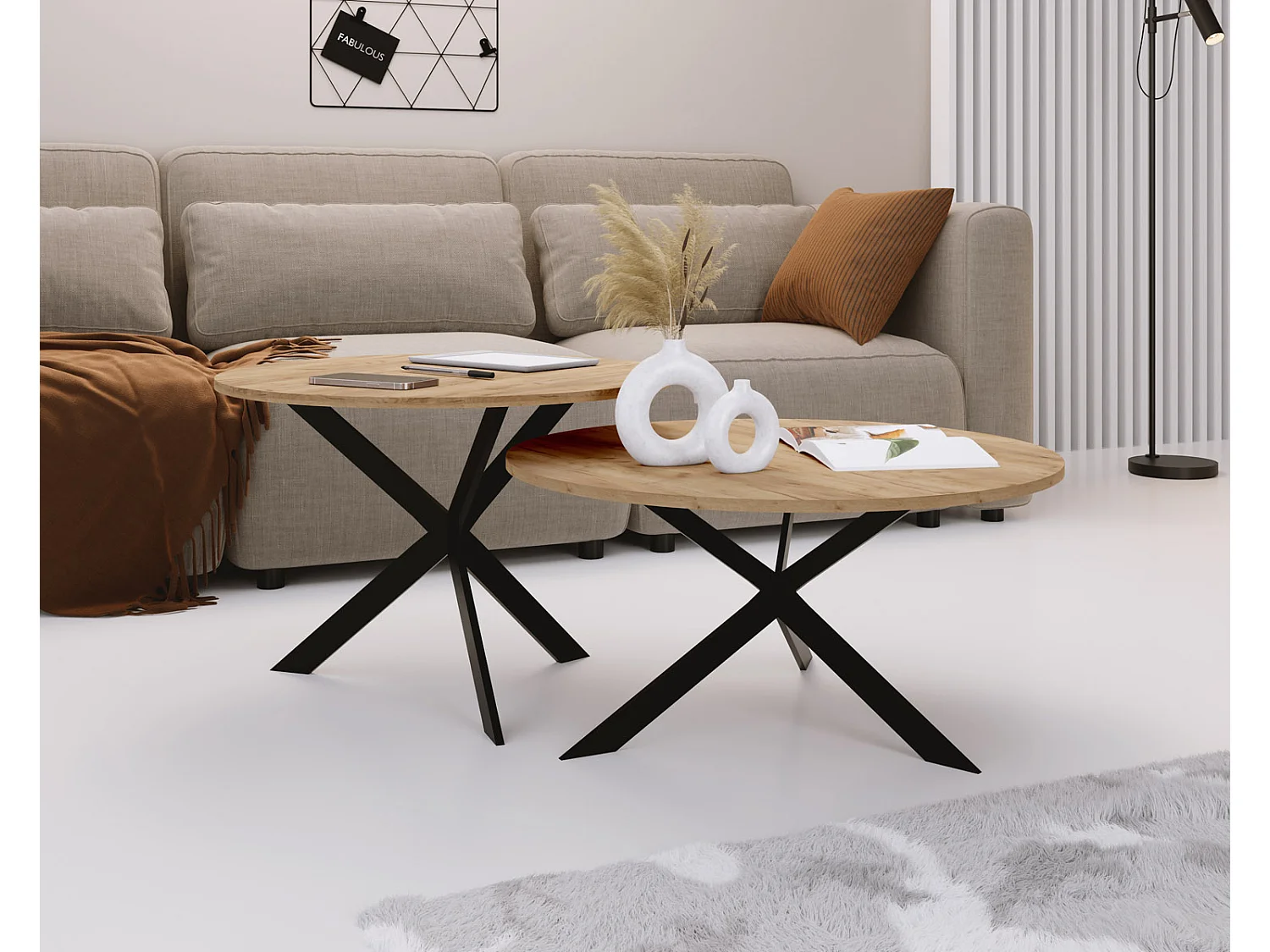 Set de 2 Tables Basses Rondes Lev Ø75/58 cm - Tables Gigognes Style Industriel - Piètement Métal Noir, Tables de Salon - Chêne Craft