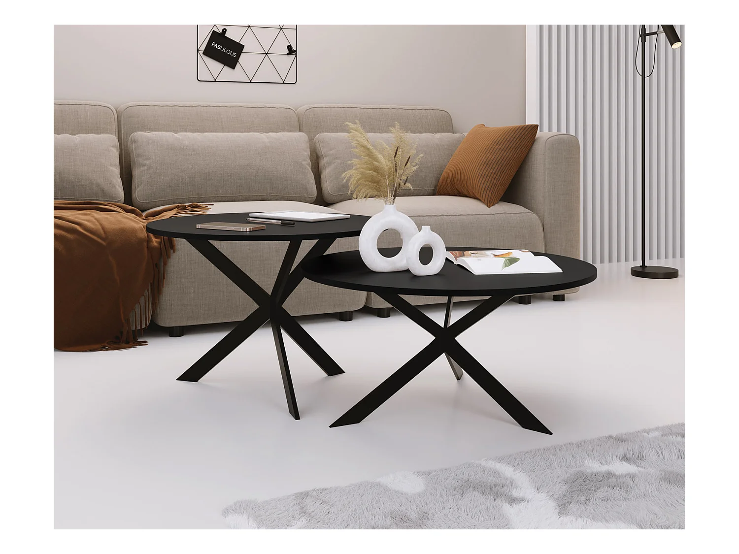 Set de 2 Tables Basses Rondes Lev Ø75/58 cm - Tables Gigognes Style Industriel - Piètement Métal Noir, Tables de Salon - Noir