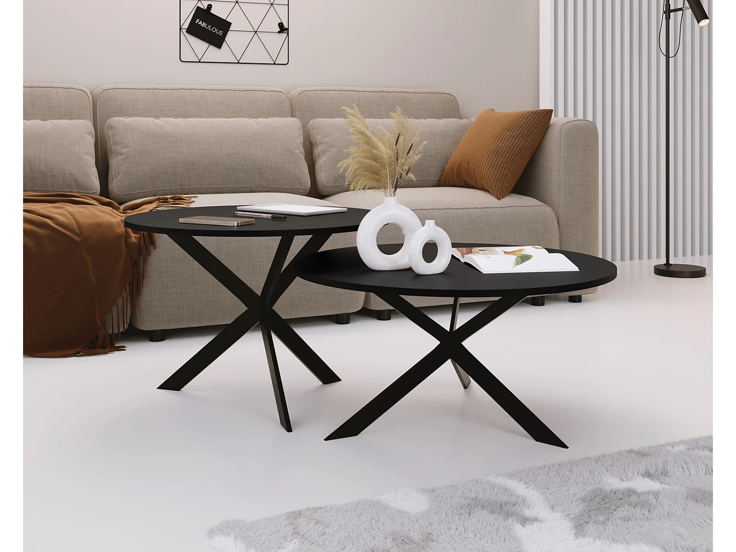 Couchtisch Set Lev - 2er Beistelltisch Rund (Ø75/58 cm) - Wohnzimmertisch Industrial, Satztisch mit Metallgestell Schwarz - Kaffeetisch Modern - Schwarz