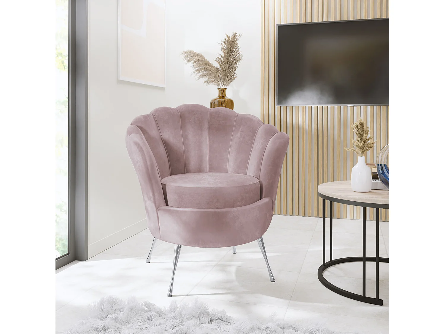 Fauteuil Coquille Cara - Fauteuil Cocktail En Velours, Design Art Déco, Pieds Argentés, 82x55x70cm Rose Flamant