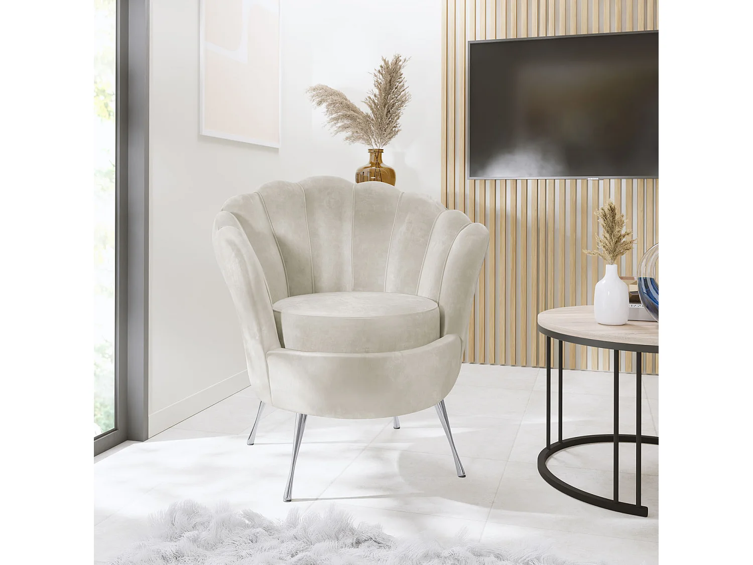 Fauteuil Coquille Cara - Fauteuil Cocktail En Velours Beige, Design Art Déco, Pieds Argentés, 82x55x70cm Crème