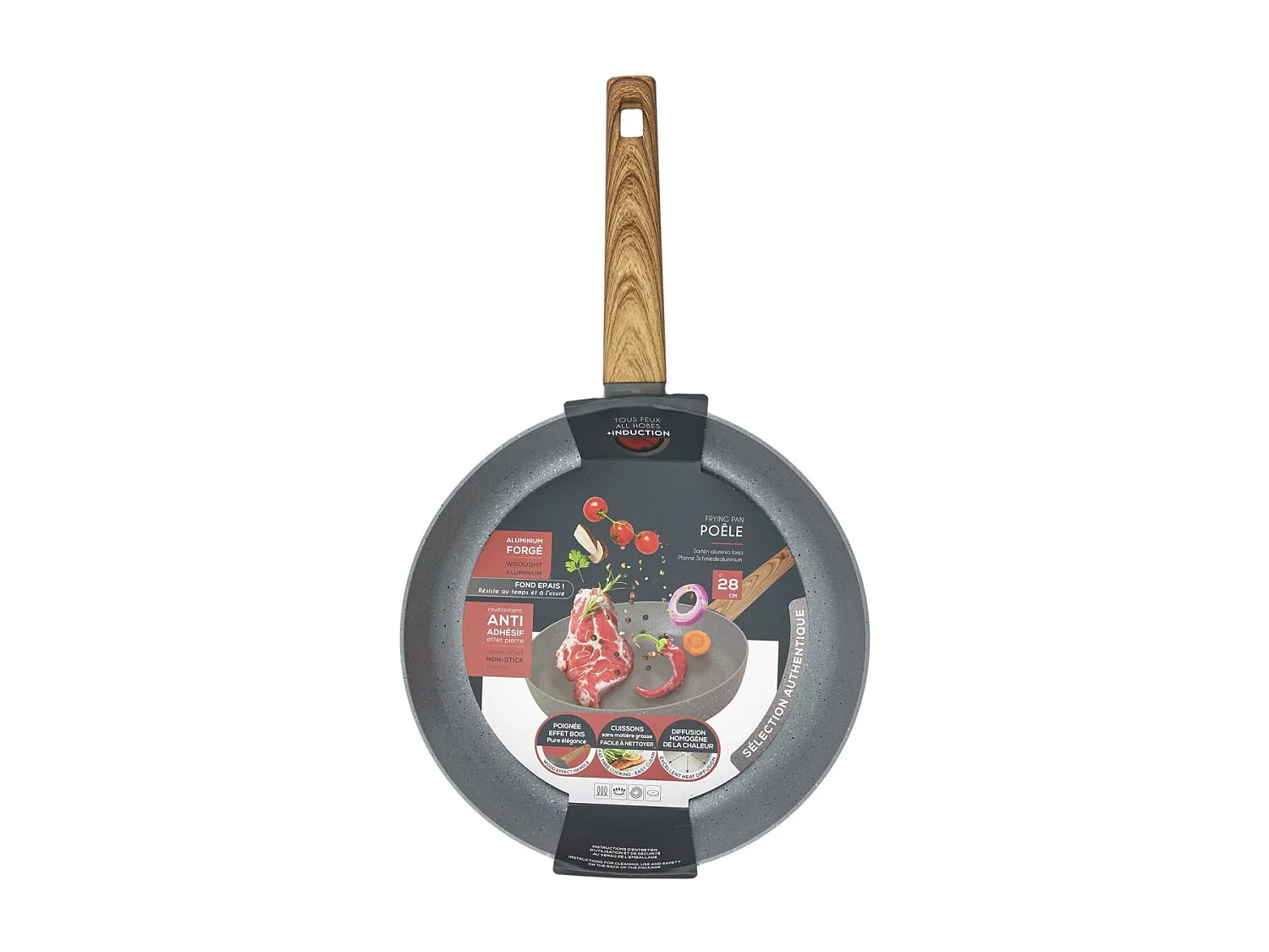 Poêle en aluminium avec manche effet bois de 28cm M6