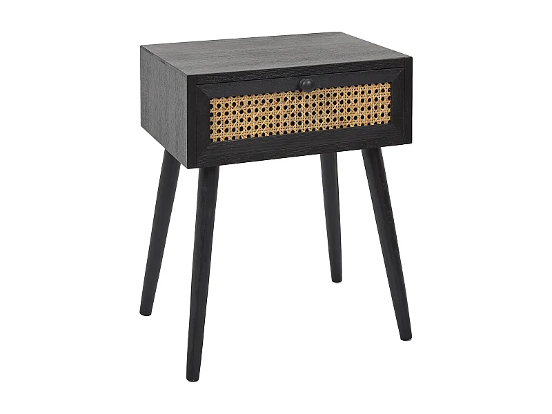 Table de chevet design avec cannage et tiroir de rangement en pin noir