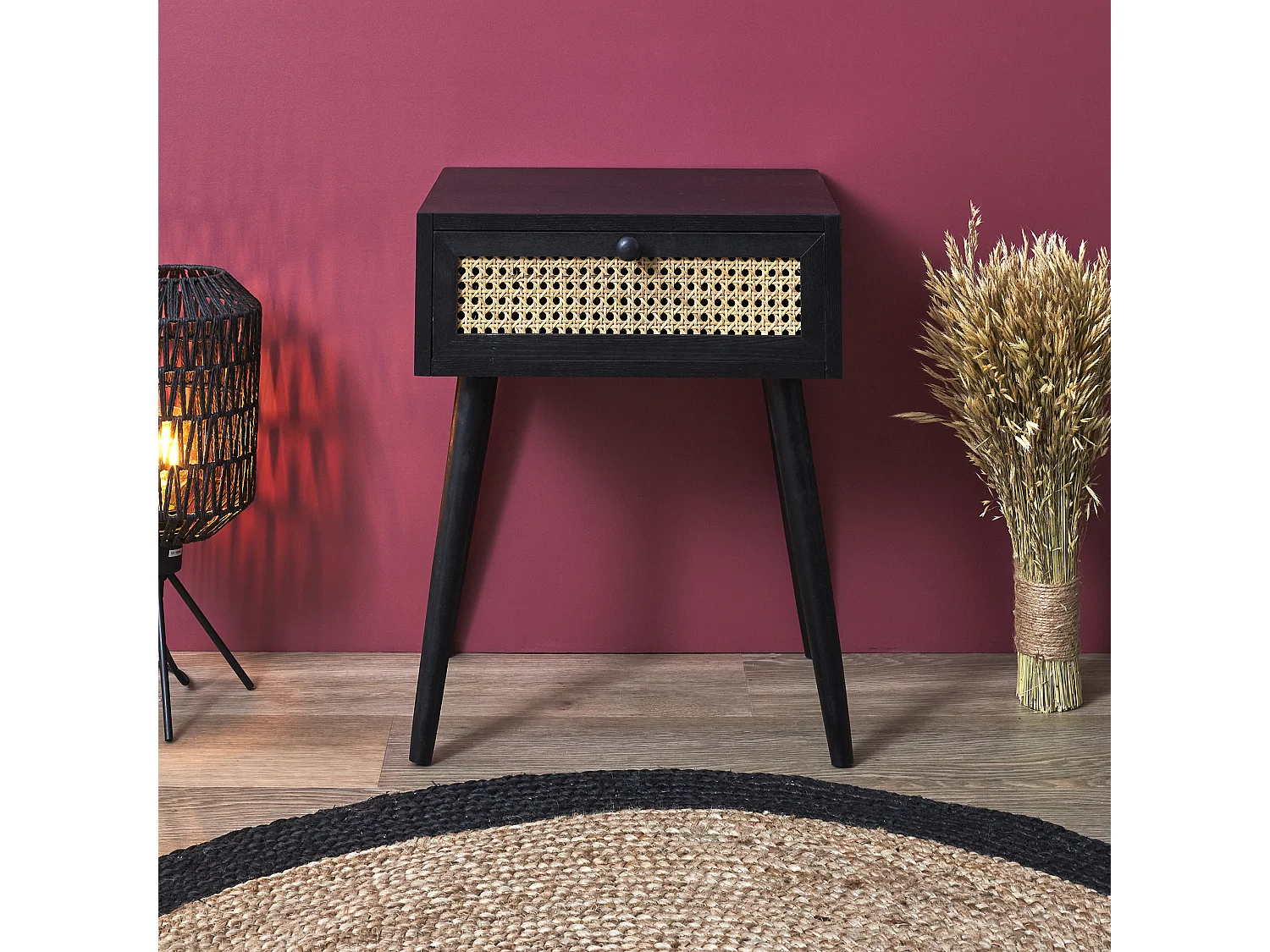 Table de chevet design avec cannage et tiroir de rangement en pin noir