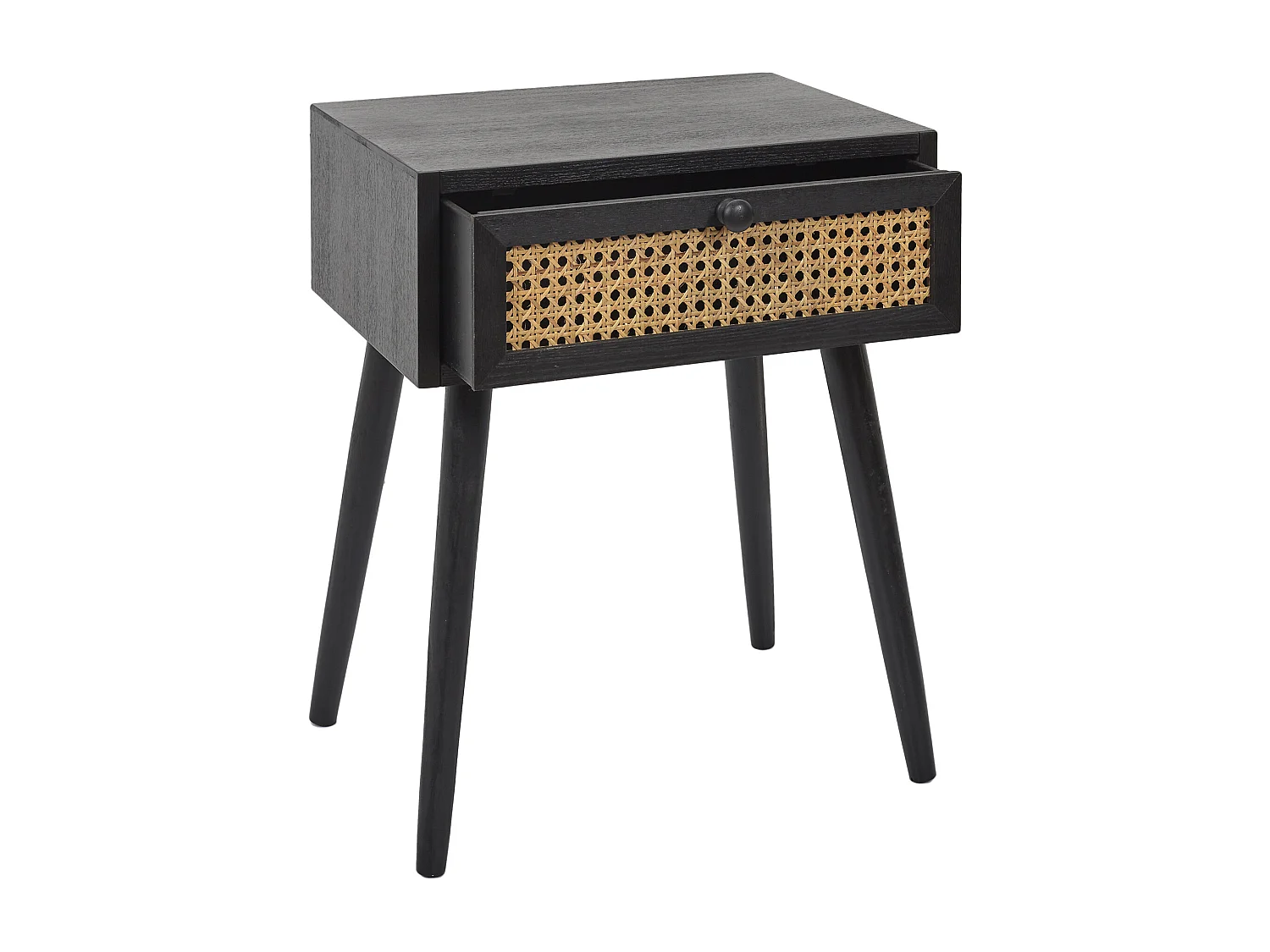 Table de chevet design avec cannage et tiroir de rangement en pin noir