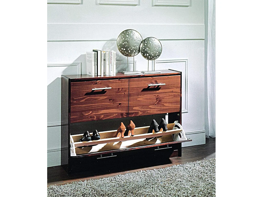 Meuble à chaussures, commode à chaussures en pin massif coloris noyer - Longueur 110  x Profondeur  23 x Hauteur 80 cm