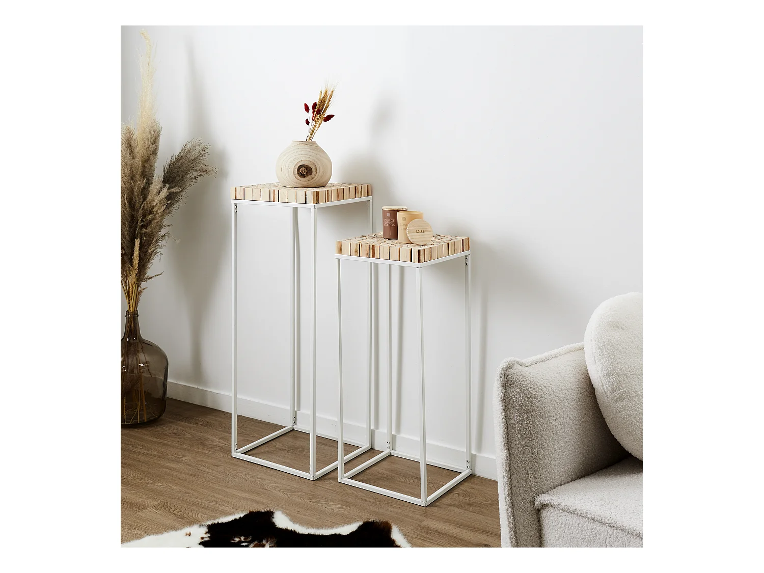 Sellette Gigogne Rondin X2 en Bois et Métal pour Plantes et Décoration Intérieure