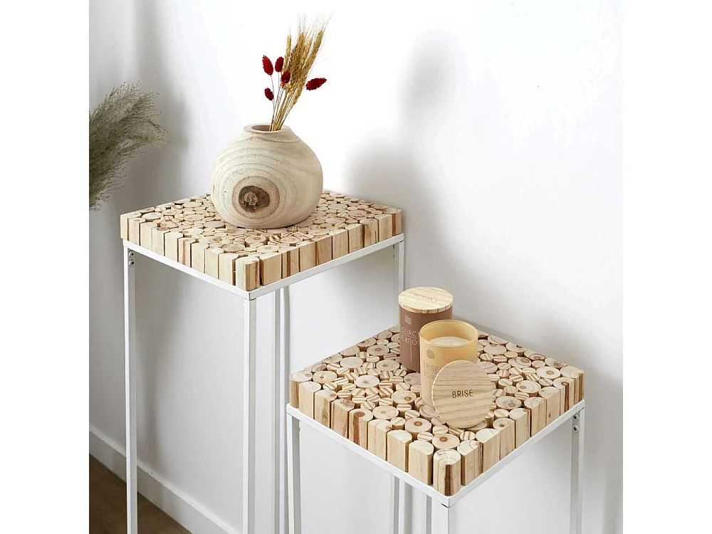 Sellette Gigogne Rondin X2 en Bois et Métal pour Plantes et Décoration Intérieure