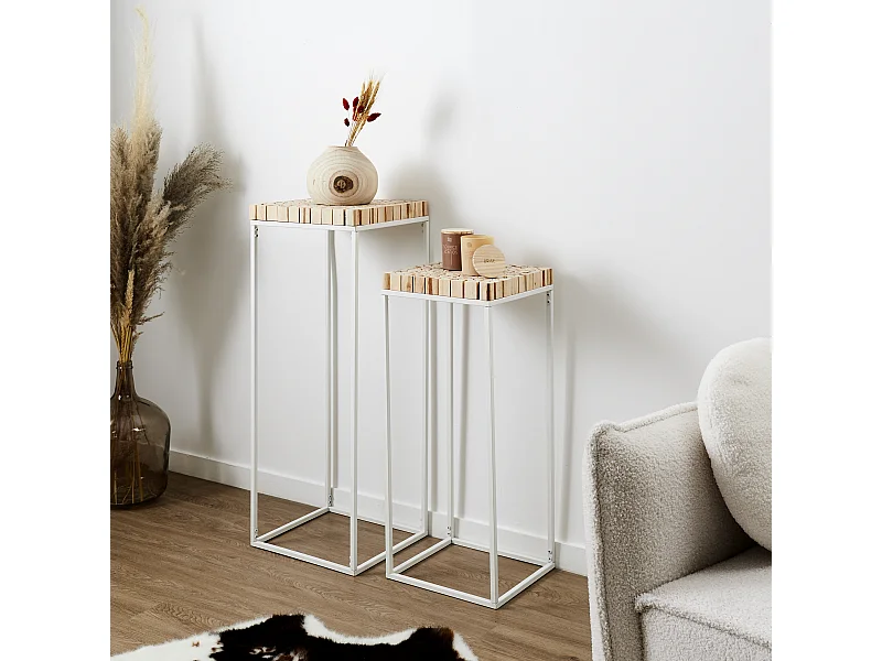 Sellette Gigogne Rondin X2 en Bois et Métal pour Plantes et Décoration Intérieure